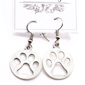 Handmade Silvertone Round Cut Out Paw Print Earrings, New